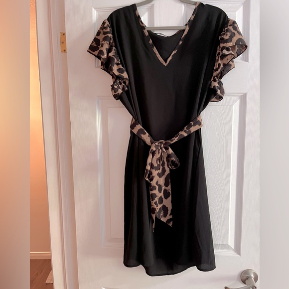 BNWOT BLACK MIDI LENGTH DRESS WITH LEOPARD PRINT FROM SHEIN - Picture 1 of 3